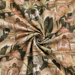 Dark Green Indian Palace Scene Fabric - Hebe B 926 1 H